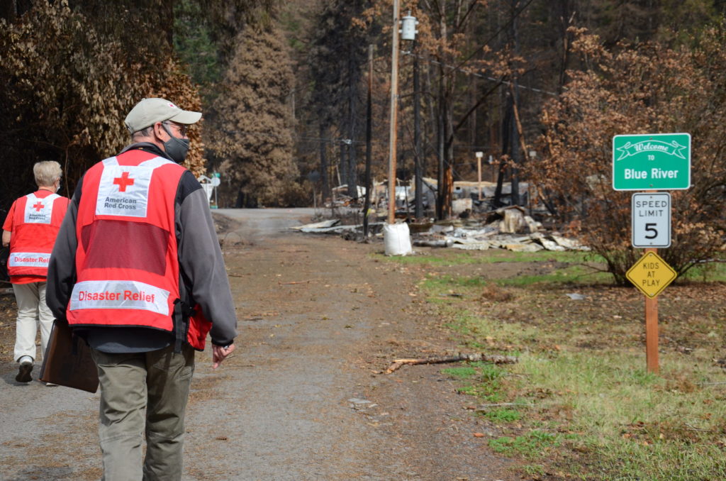 Red Cross disaster assessment volunteers arriving at Blue River, Oregon following devastating wildfires in September 2020. Photo by Lynette Nyman / American Red Cross.
