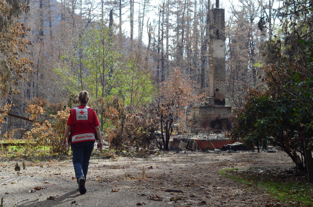 A Red Cross volunteer walks through Blue River, Oregon after wildfires devestated much of the community in September 2020. Photo by Lynette Nyman/American Red Cross.