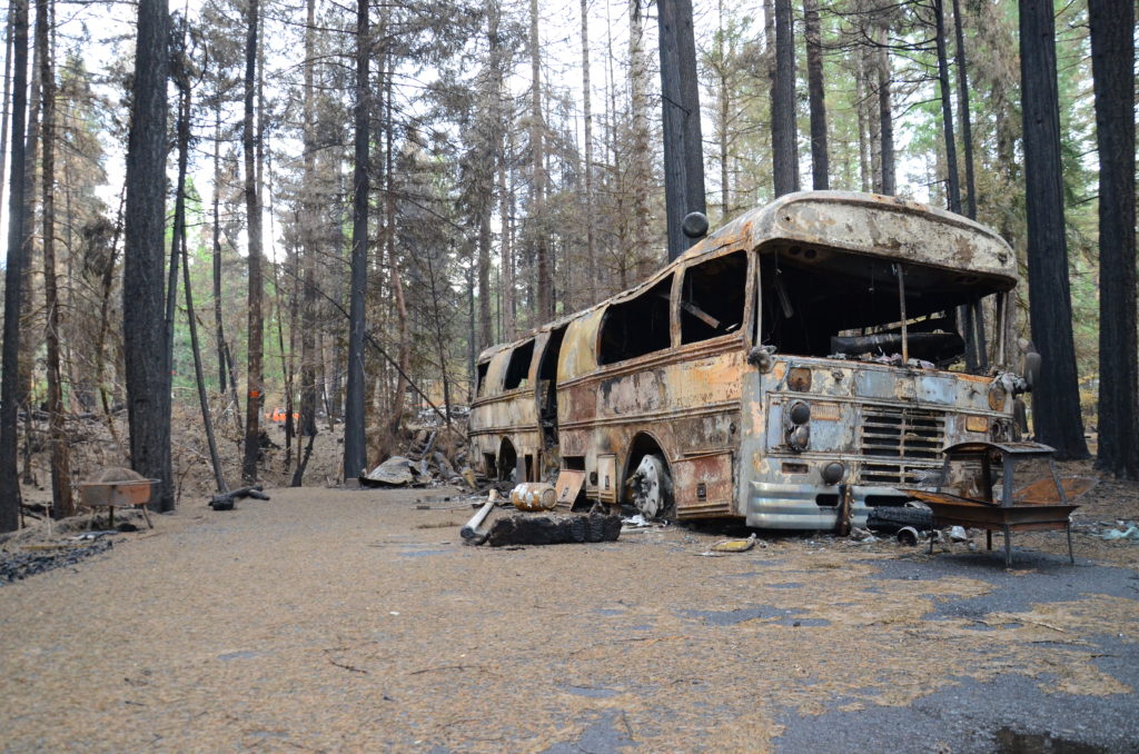 The remains of ‘Roam Sweet Roam’ sit at the Holiday Farm RV Resort following devastating wildfires in Oregon in September 2020. Photo by Lynette Nyman / American Red Cross.