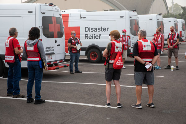 American Red Cross volunteer teams meet at a Red Cross staging site for Emergency Response Vehicles in Salem, OR on Sept. 15, 2020. Photo by Scott Dalton/American Red Cross.