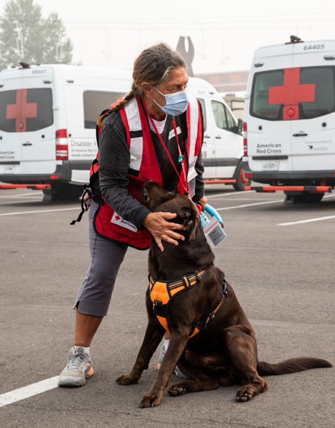 American Red Cross volunteer Sharon Izzo plays with a dog that she is walking to help evacuees staying at a Red Cross shelter in Salem, OR on Sept. 15, 2020. Photo by Scott Dalton/American Red Cross.